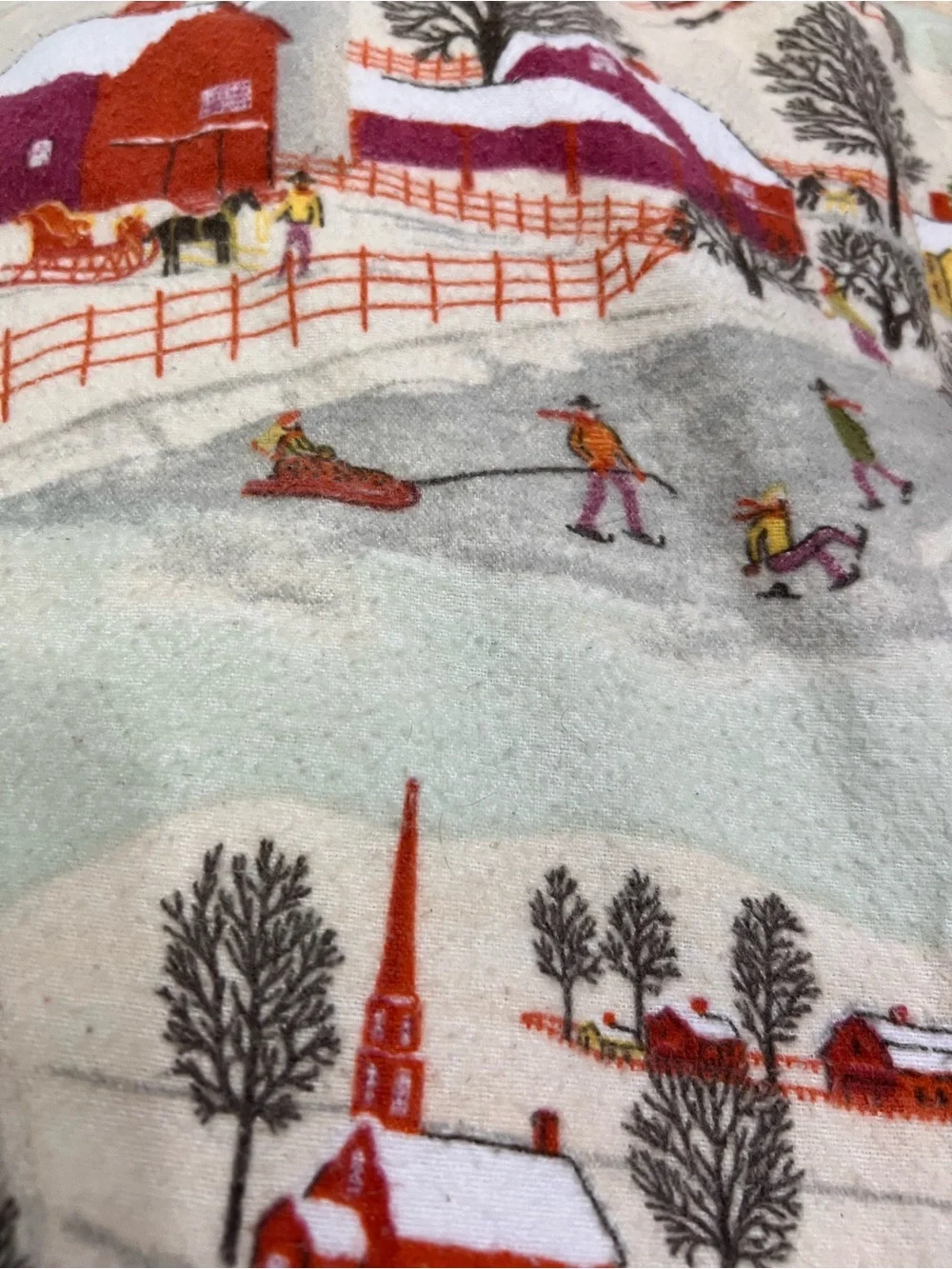 Garnet Hill Heavy Flannel Flat Fitted Queen Sheets Winter Scene Sled New England